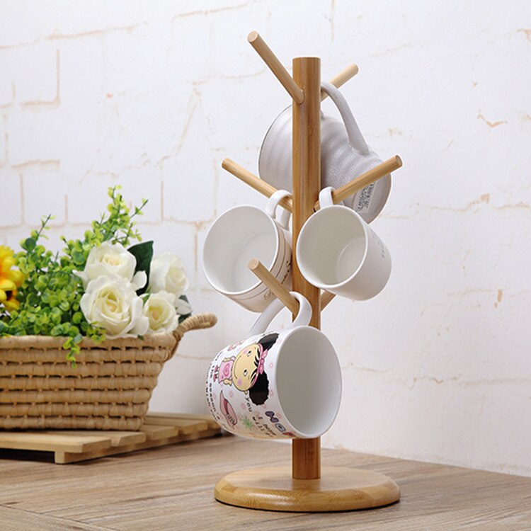 6 hook peg wooden Hanging Tea Cup Coffee Mug Tree Rack Holder Kitchen Storage 18x35cm Main image