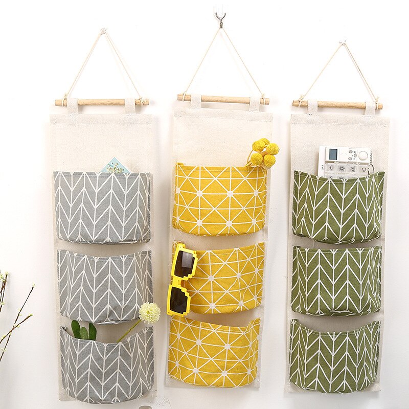 3 Pockets Cotton Linen Wall Hanging Storage Bags Door Pouch Bedroom Home Storage Pocket Home Decor Hanging Bag Main image