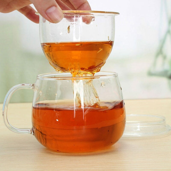 High Quality Durable 3 in 1 Set 320ml Clear Heat Resistant Tea Coffee Cup with Tea Infuser Filter Lid Use for Home Office