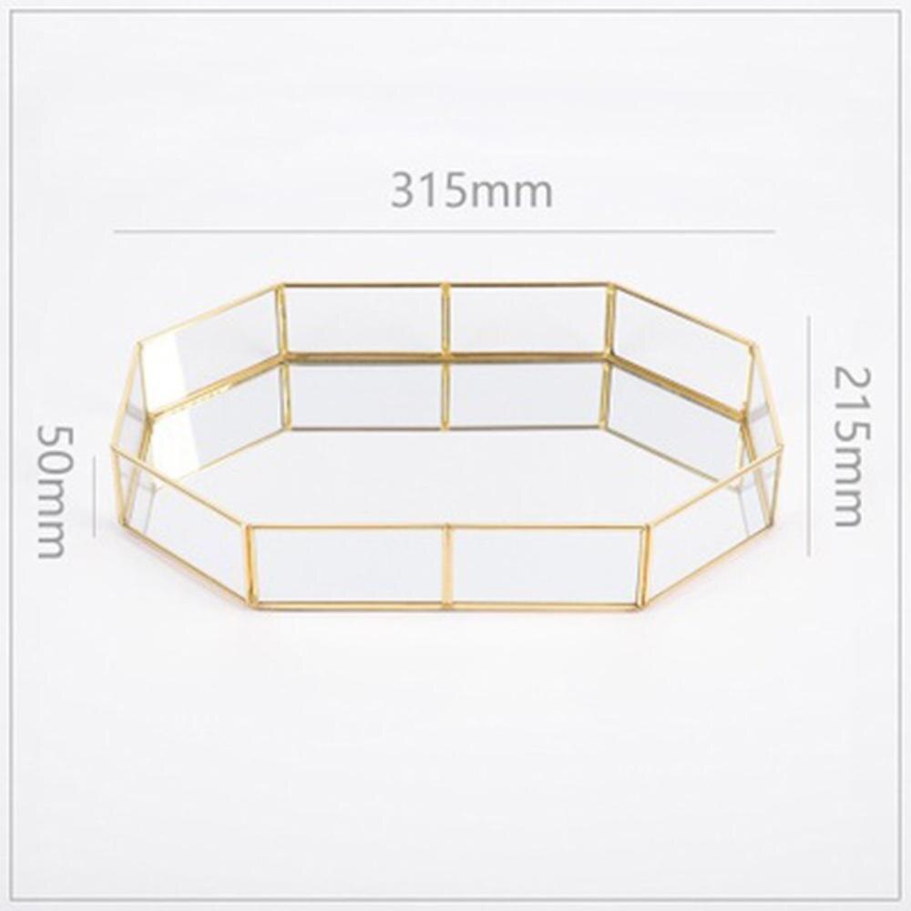Retro Brass Storage Tray Golden Polygon Glass Makeup Organizer Tray Dessert Snack Plate Jewelry Display Stand Home Kitchen Decor