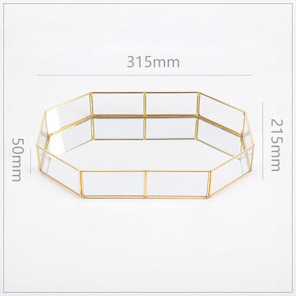 Retro Brass Storage Tray Golden Polygon Glass Makeup Organizer Tray Dessert Snack Plate Jewelry Display Stand Home Kitchen Decor