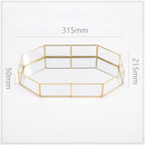 Retro Brass Storage Tray Golden Polygon Glass Makeup Organizer Tray Dessert Snack Plate Jewelry Display Stand Home Kitchen Decor