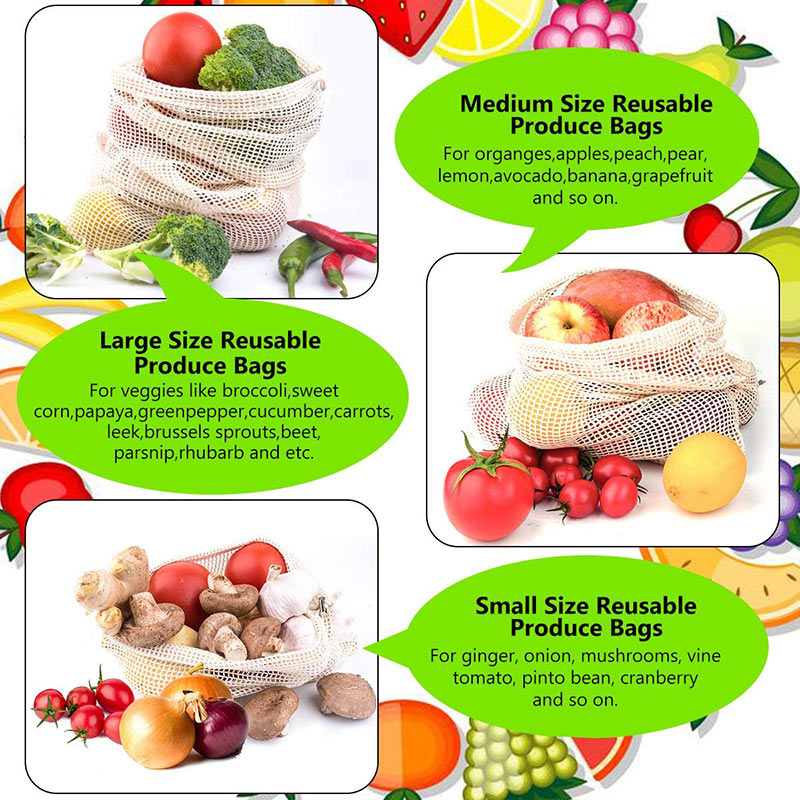 Reusable Cotton Vegetable Bags Home Kitchen Fruit And Vegetable Storage Mesh Bags With Drawstring Machine Washable
