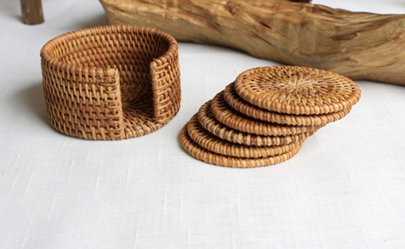 Rattan Cup Coasters Set Pot Pad Table Mat 6 Sizes Porta Copos Placemats Home Decoration Vintage Bamboo Handmade Secondary image