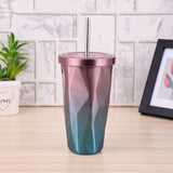 Coffee Mug With Straws Cup 500ml Creative Double Wall Stainless Steel Gradient Diamond Shaped Vacuum Insulation Bottle Tour