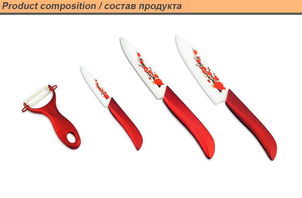 Hot  High Quality Red Flower Painted Zirconia Ceramic Kitchen fruit Knife Set Kit 3" 5" 6'' inch + Peeler+Cove