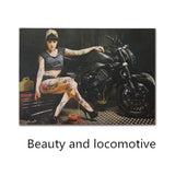 Beauty and Motorcycle Nostalgia Photo Kraft Paper Bar Poster Decorative Painting Retro Wall Sticker 51.5X36cm