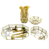 Retro Brass Storage Tray Golden Polygon Glass Makeup Organizer Tray Dessert Snack Plate Jewelry Display Stand Home Kitchen Decor