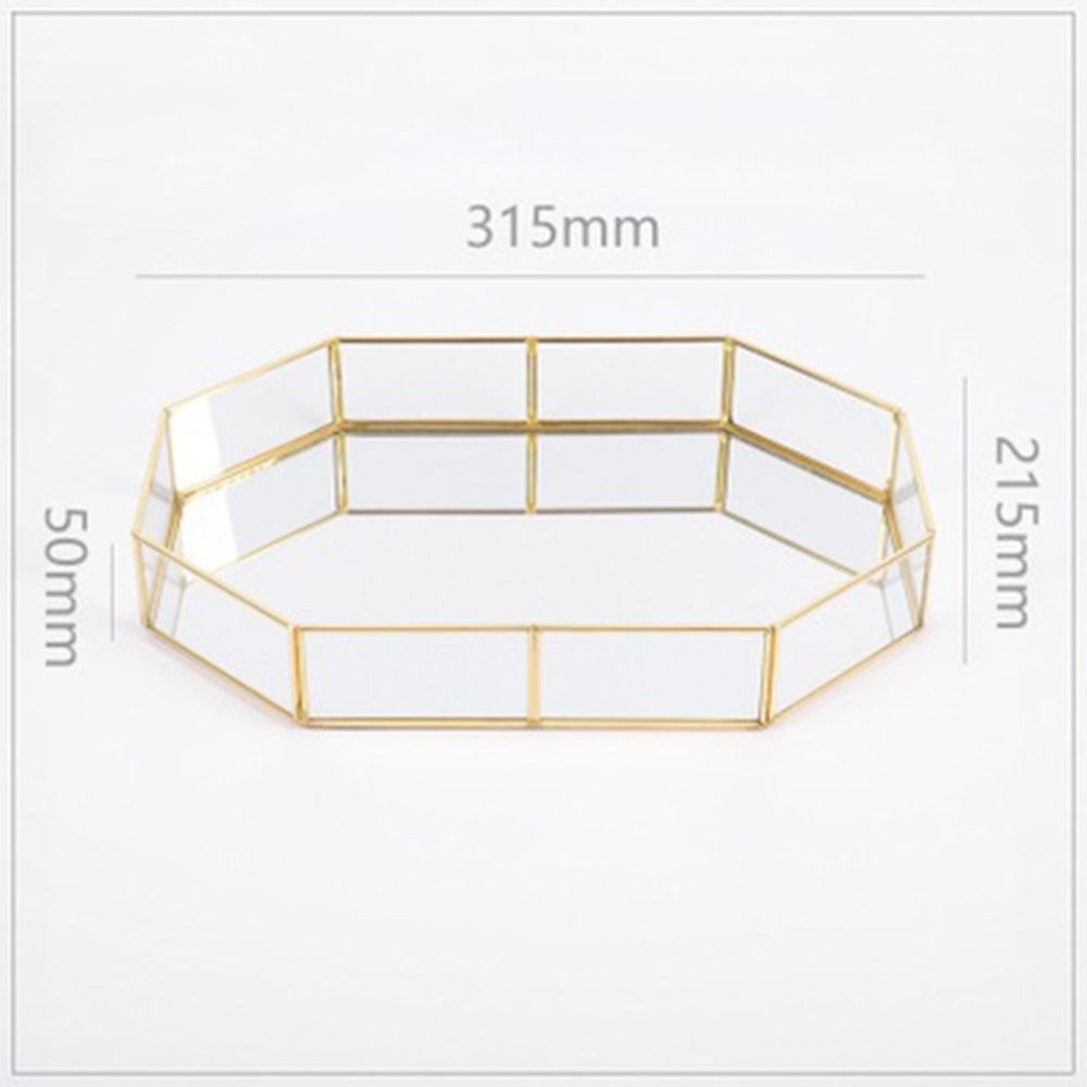 Retro Brass Storage Tray Golden Polygon Glass Makeup Organizer Tray Dessert Snack Plate Jewelry Display Stand Home Kitchen Decor