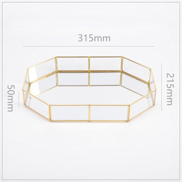 Retro Brass Storage Tray Golden Polygon Glass Makeup Organizer Tray Dessert Snack Plate Jewelry Display Stand Home Kitchen Decor