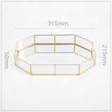 Retro Brass Storage Tray Golden Polygon Glass Makeup Organizer Tray Dessert Snack Plate Jewelry Display Stand Home Kitchen Decor