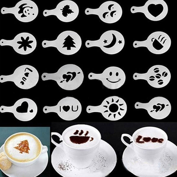 Coffee Mold Appuccino 16pcs/lot Latte pianting Stencil Mold Coffee Decor Barista Duster Art Template Strew Pad Duster