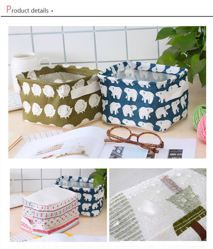 Desktop Storage Basket Cute Printing Waterproof Organizer Cotton Linen Sundries Storage Box Cabinet Underwear Storage Bag