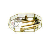 Retro Brass Storage Tray Golden Polygon Glass Makeup Organizer Tray Dessert Snack Plate Jewelry Display Stand Home Kitchen Decor