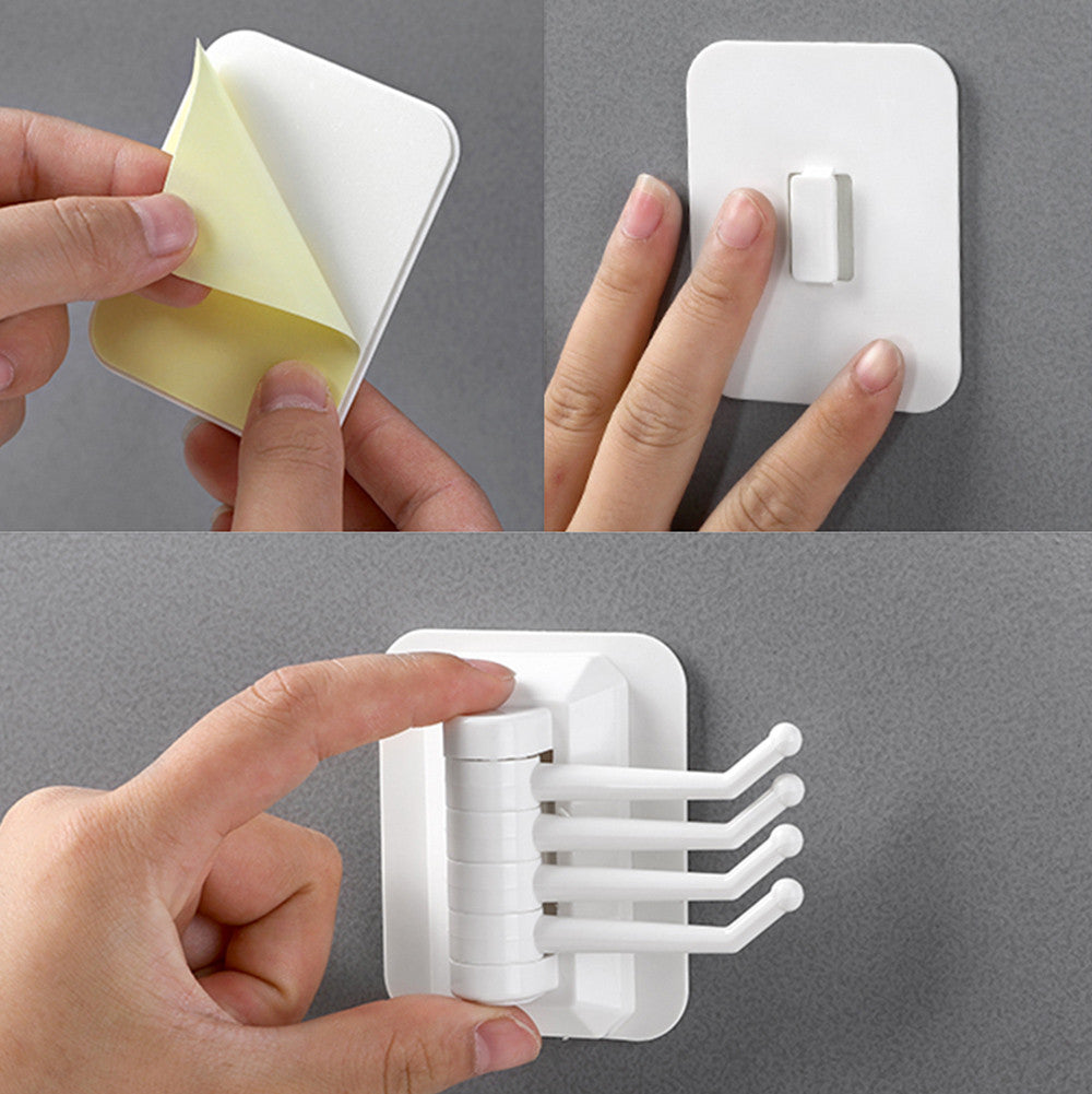 Rotary 4-Hook kitchen bathroom wall rack towel rack without screw and trackless hook drop shipping
