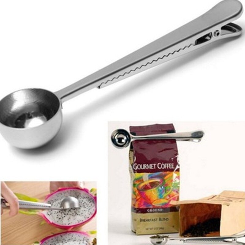 Hot Style Heathful Cooking Tool Stainless 1 Cup Ground Coffee Measuring Scoop Spoon with Bag Sealing Clip Good Helper Main image