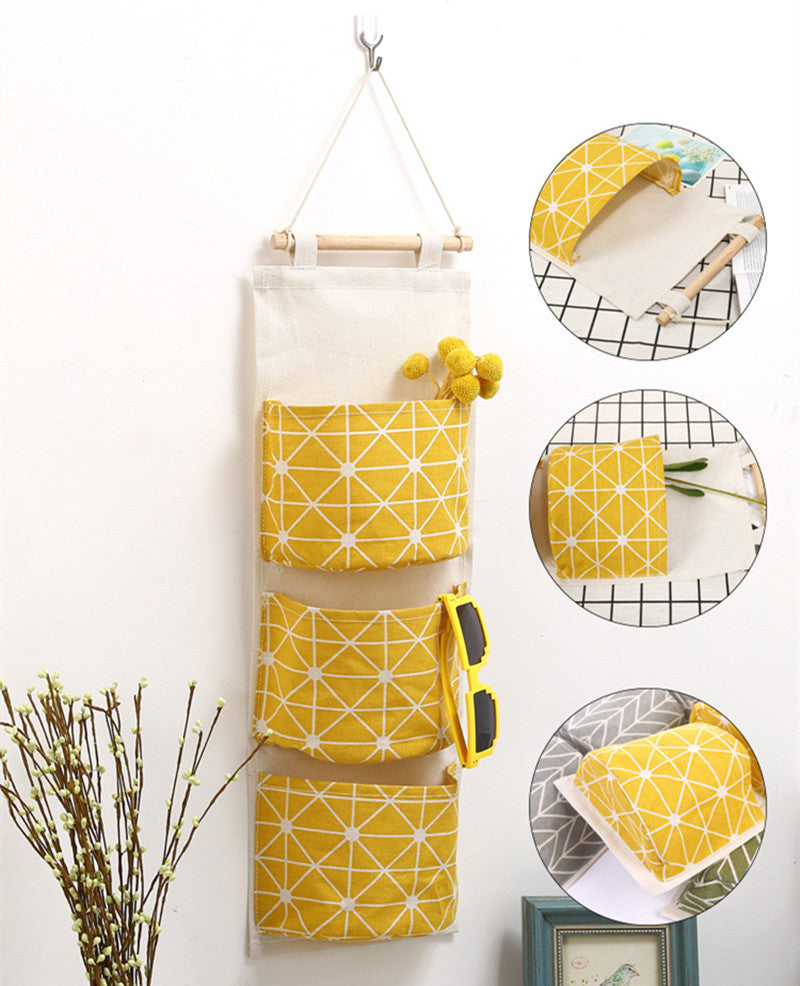 3 Pockets Cotton Linen Wall Hanging Storage Bags Door Pouch Bedroom Home Storage Pocket Home Decor Hanging Bag