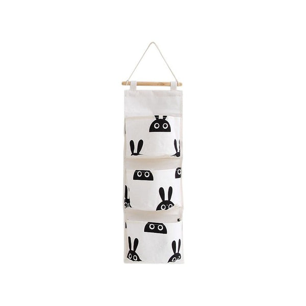 Black white Pattern Cotton Linen Hanging Storage Bag 3 Pockets Wall Mounted Wardrobe Hang Bag Wall Pouch Cosmetic Toys Organizer
