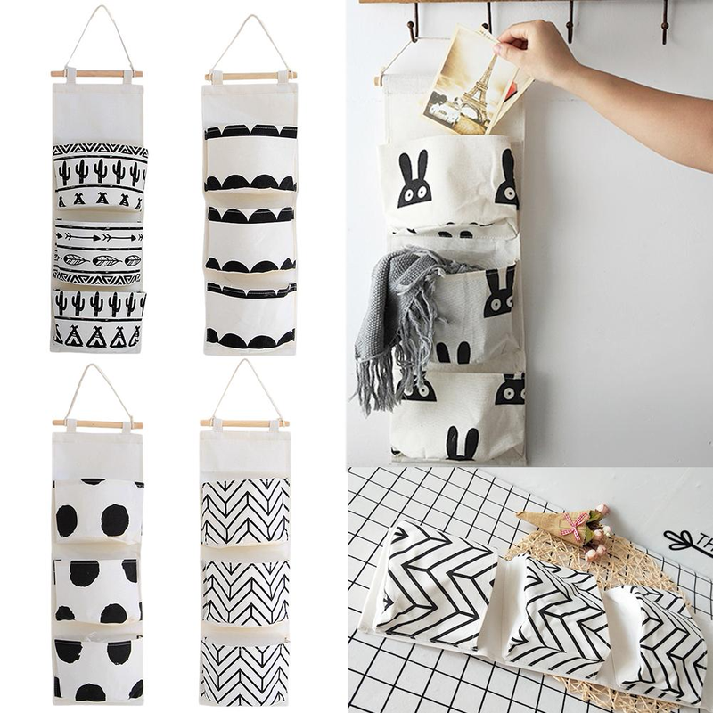 Black white Pattern Cotton Linen Hanging Storage Bag 3 Pockets Wall Mounted Wardrobe Hang Bag Wall Pouch Cosmetic Toys Organizer Main image