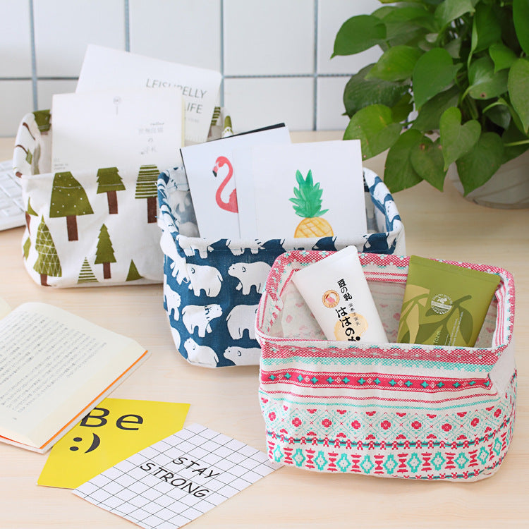 Desktop Storage Basket Cute Printing Waterproof Organizer Cotton Linen Sundries Storage Box Cabinet Underwear Storage Bag
