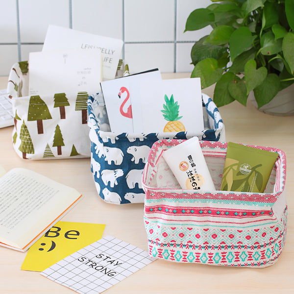 Desktop Storage Basket Cute Printing Waterproof Organizer Cotton Linen Sundries Storage Box Cabinet Underwear Storage Bag