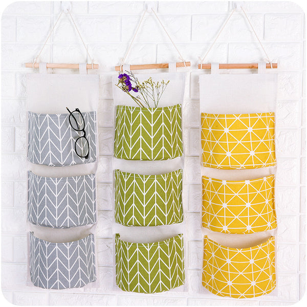 3 Pockets Cotton Linen Wall Hanging Storage Bags Door Pouch Bedroom Home Storage Pocket Home Decor Hanging Bag