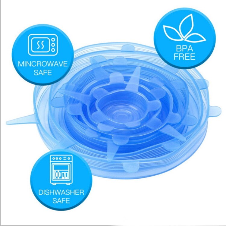 6pcs/set Silicone Lids Durable Reusable Food Save Cover Heat Resisting Fits All Sizes and Shapes of Containers