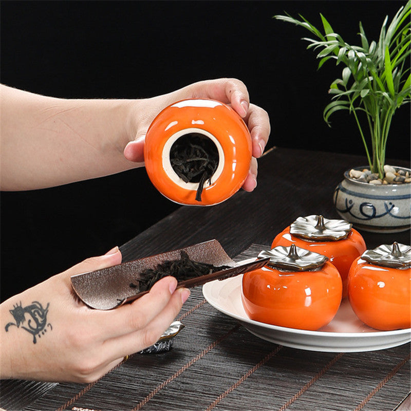Ceramic Persimmon Tea Canister Coffee Box Puer Green Tea Caddy Storage Sealed Jar Mini tea cans for puer Oolong tea storage