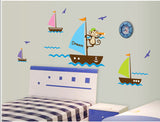 Blue Ocean seagull cartoon monkey dream Sail Boat Ship sticker wall decals for kids room baby wall stickers 3D