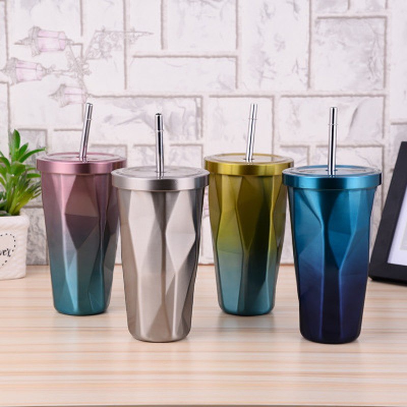 Coffee Mug With Straws Cup 500ml Creative Double Wall Stainless Steel Gradient Diamond Shaped Vacuum Insulation Bottle Tour Main image
