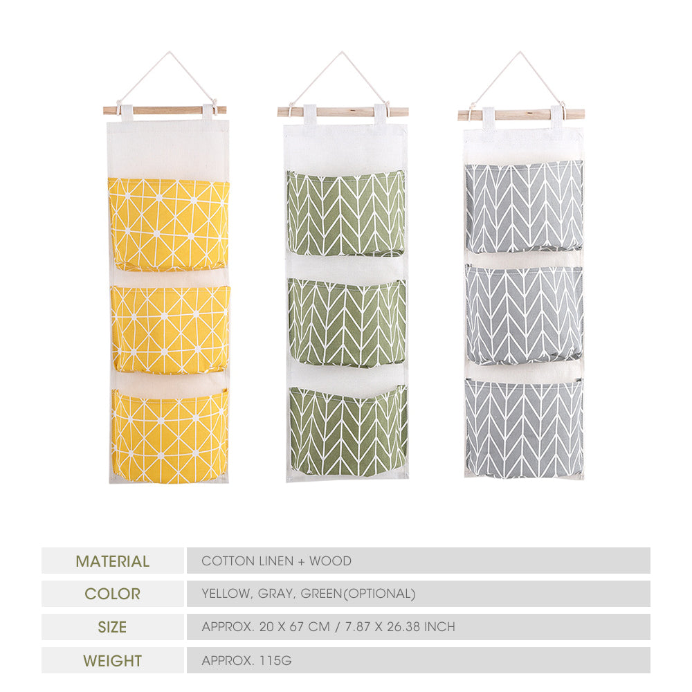 3 Pockets Cotton Linen Wall Hanging Storage Bags Door Pouch Bedroom Home Storage Pocket Home Decor Hanging Bag
