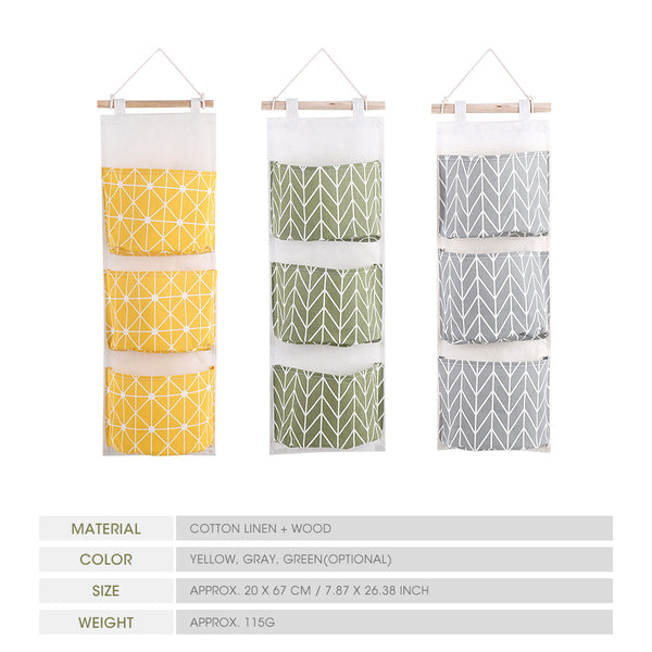3 Pockets Cotton Linen Wall Hanging Storage Bags Door Pouch Bedroom Home Storage Pocket Home Decor Hanging Bag