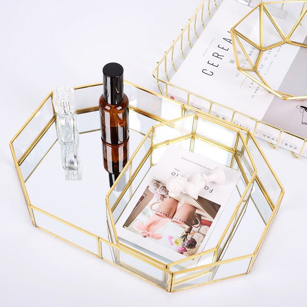 Retro Brass Storage Tray Golden Polygon Glass Makeup Organizer Tray Dessert Snack Plate Jewelry Display Stand Home Kitchen Decor Main image