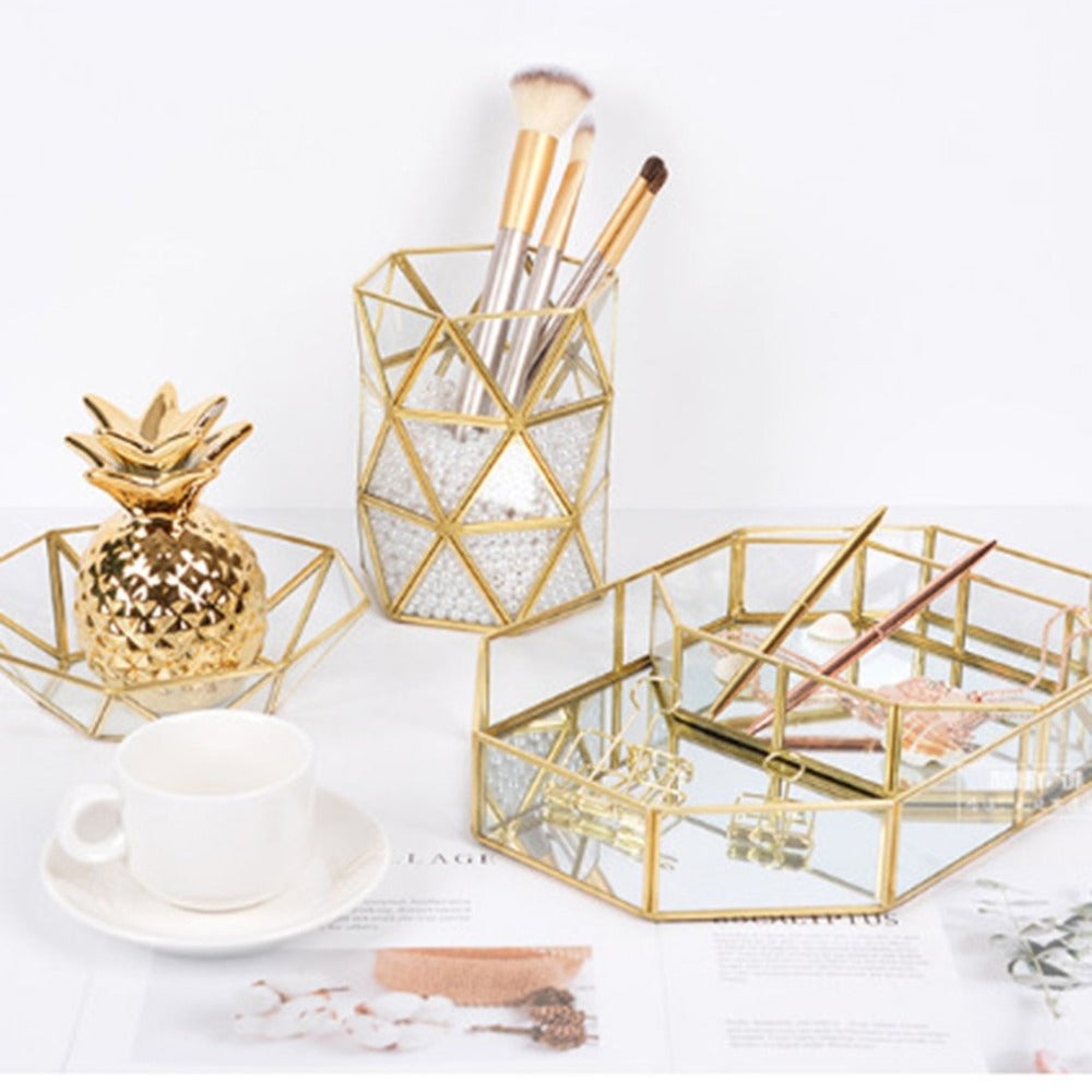 Retro Brass Storage Tray Golden Polygon Glass Makeup Organizer Tray Dessert Snack Plate Jewelry Display Stand Home Kitchen Decor Secondary image