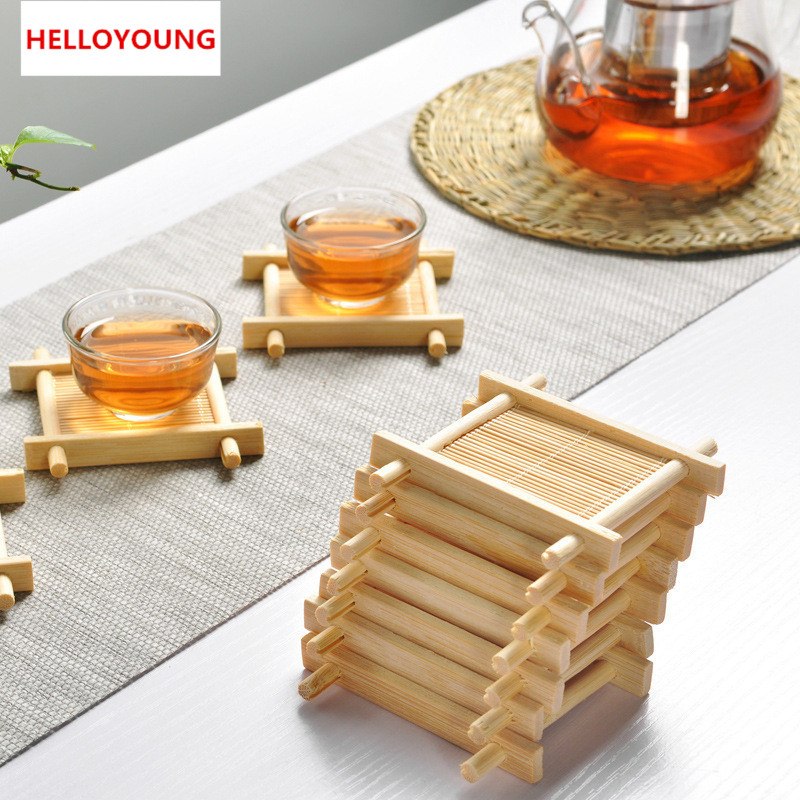 CJ268 Natural 1pc 100% Bamboo Wood Trays For Tea Trays 7cm*7cm Creative Chinese Word Jing Concave Cup Mat Main image