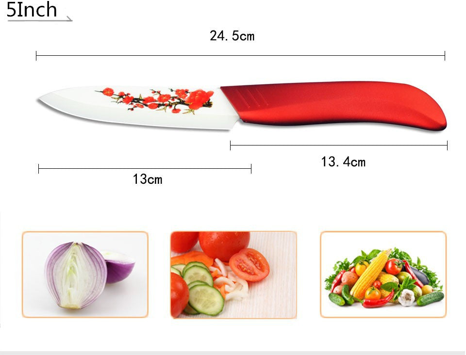 Hot  High Quality Red Flower Painted Zirconia Ceramic Kitchen fruit Knife Set Kit 3" 5" 6'' inch + Peeler+Cove