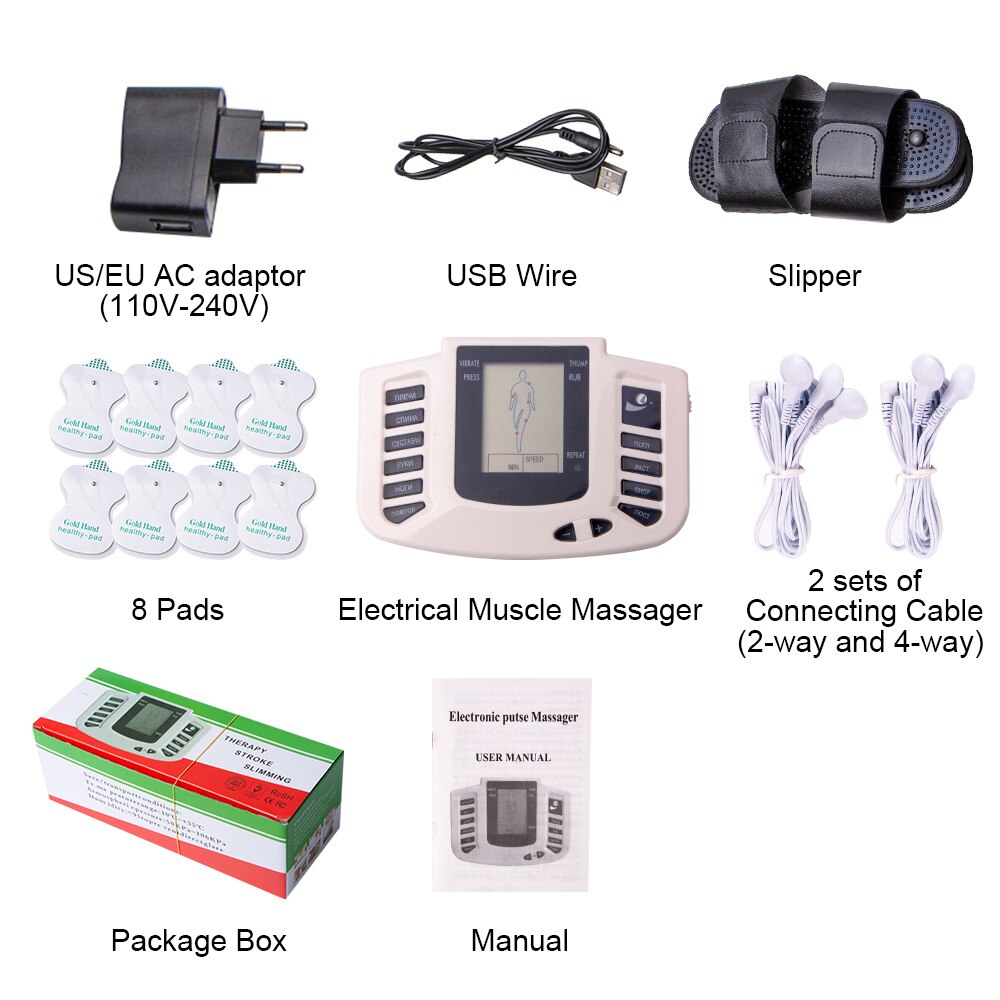 New Russian button Electrical Muscle Stimulator Body Relax Muscle Massager Pulse Tens Acupuncture Therapy Slipper+8 Pads+box