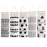 Black white Pattern Cotton Linen Hanging Storage Bag 3 Pockets Wall Mounted Wardrobe Hang Bag Wall Pouch Cosmetic Toys Organizer