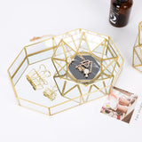 Retro Brass Storage Tray Golden Polygon Glass Makeup Organizer Tray Dessert Snack Plate Jewelry Display Stand Home Kitchen Decor