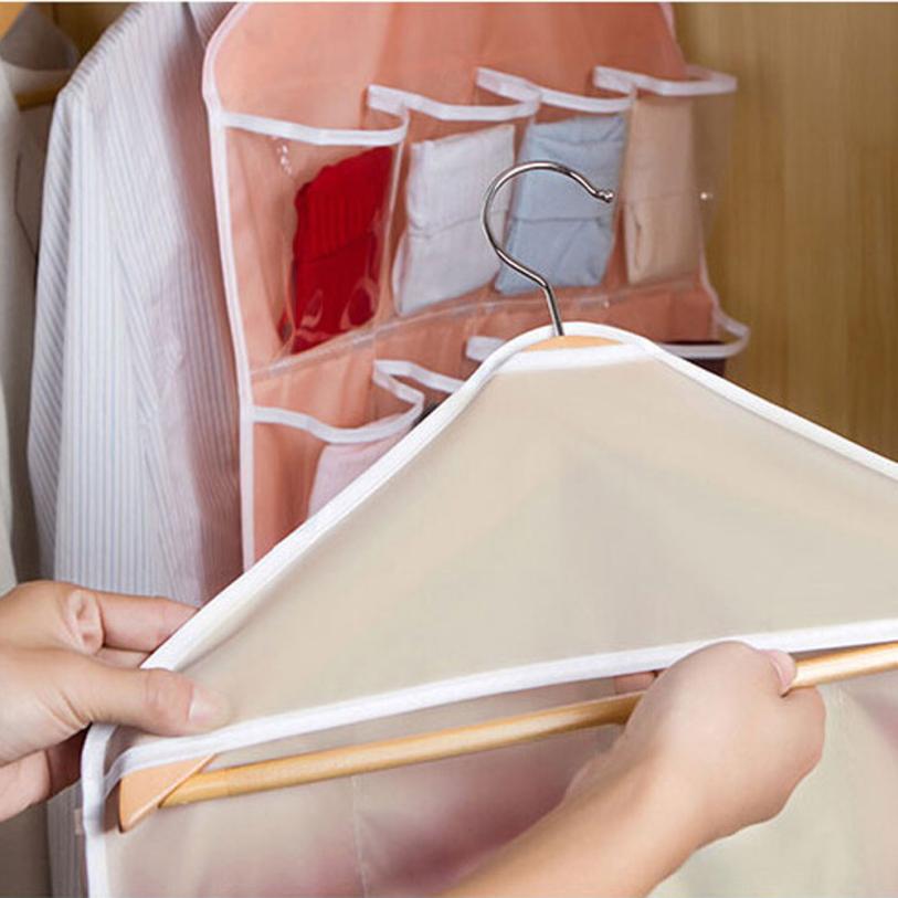 16 Pockets 78*42cm Household Clear Hanging Bag Socks Bra Underwear Rack Hanger Storage Organizer Wardrobe New