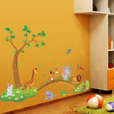 3D Cartoon Jungle wild animal tree bridge lion Giraffe elephant birds flowers wall stickers for kids room living room home decor