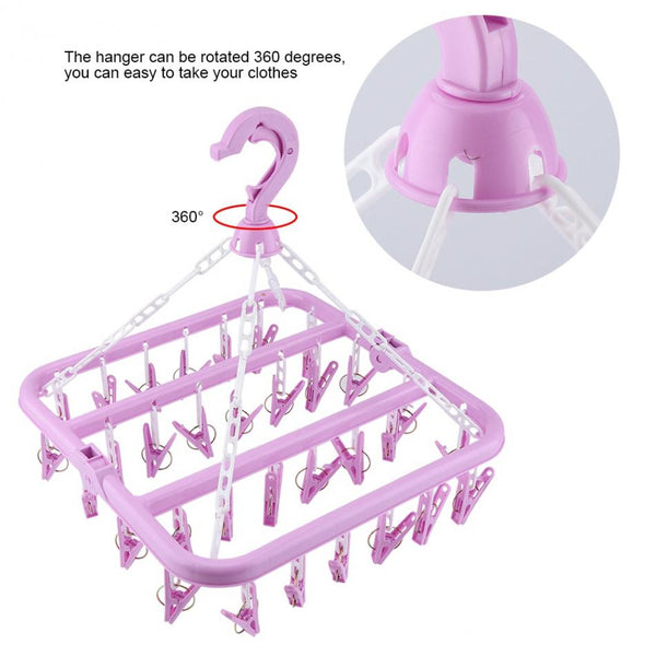 32 Clips Folding Clothes Hanger Dryer Windproof Socks Underwear Drying Rack Children