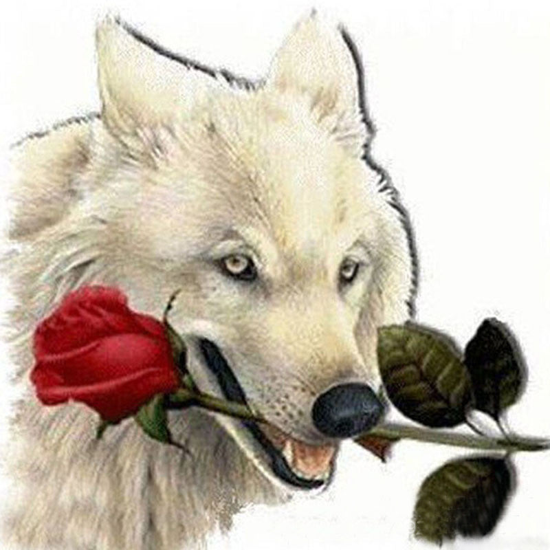 DIY 5D Diamond Embroidery  Wolf is carrying the roses Round Diamond Painting Cross Stitch Kit Mosaic Painting Home Decor