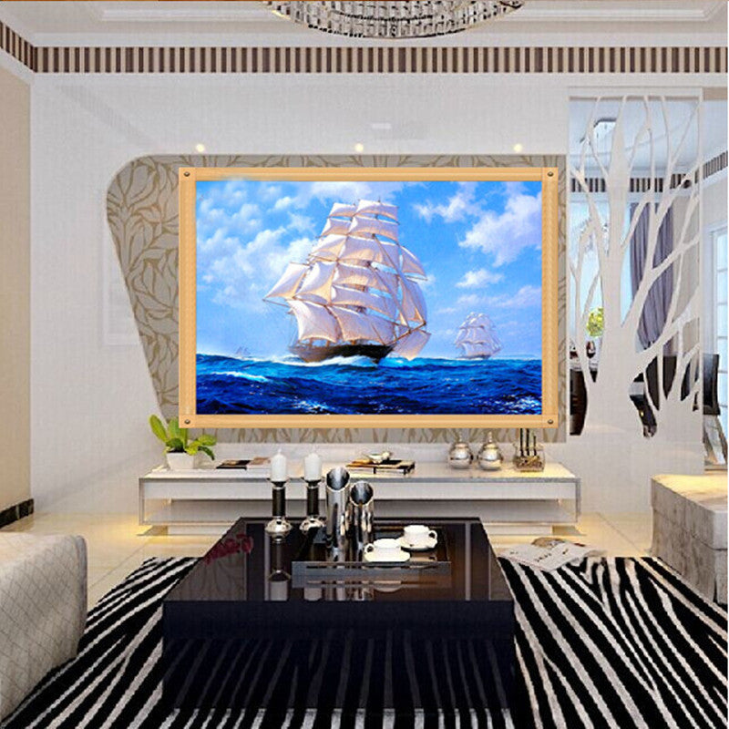 DIY 5D Diamond Embroidery Sailboat At Sea Round Diamond Painting Cross Stitch Kits Mosaic Painting Home Decoration