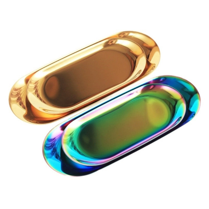 New Colorful Metal Storage Tray Gold Oval Dotted Fruit Plate Small Items Jewelry Display Tray Mirror Main image