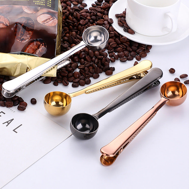 1 Pc Silver Stainless Steel Ground Coffee Tea Measuring Scoop Spoon With Bag Seal Clip Professional Kitchen Bar Tool