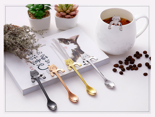 Coffee&Tea Spoon Mini Cat Long Handle Creative Spoon Drinking Tools Food grade Stainless Steel Kitchen Flatware Tableware