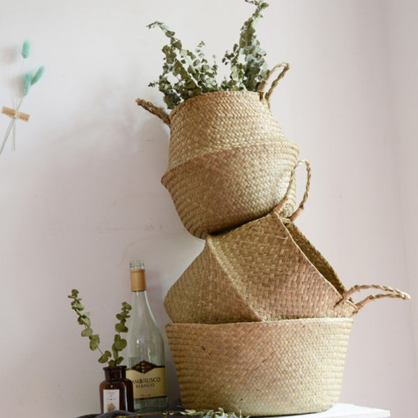 Rattan Folding Basket Seaweed Wicker Baskets Dirty Laundry Storage Basket Home Storage Simple Decoration Organizer Garden Pot