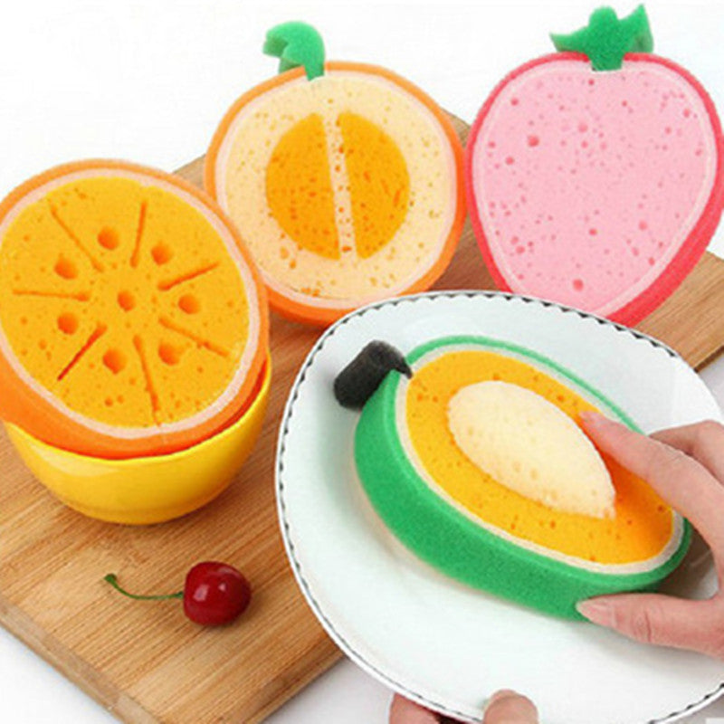 Cute Fruit Shape 4 pcs/set Microfiber Sponge Scouring Pad Cleaning Cloth Remove Stains Thickened Sponge Kitchen Tools