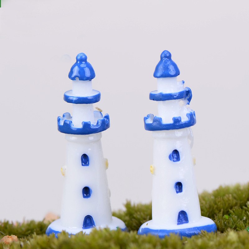 XBJ025 mini resin blue-bordered white Lighthouse 2pcs fairy garden mini moss terrarium decor crafts bonsai home decor